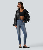 High Waisted Casual Skinny Jeans with Pockets — Coronet Blue Denim — view 8