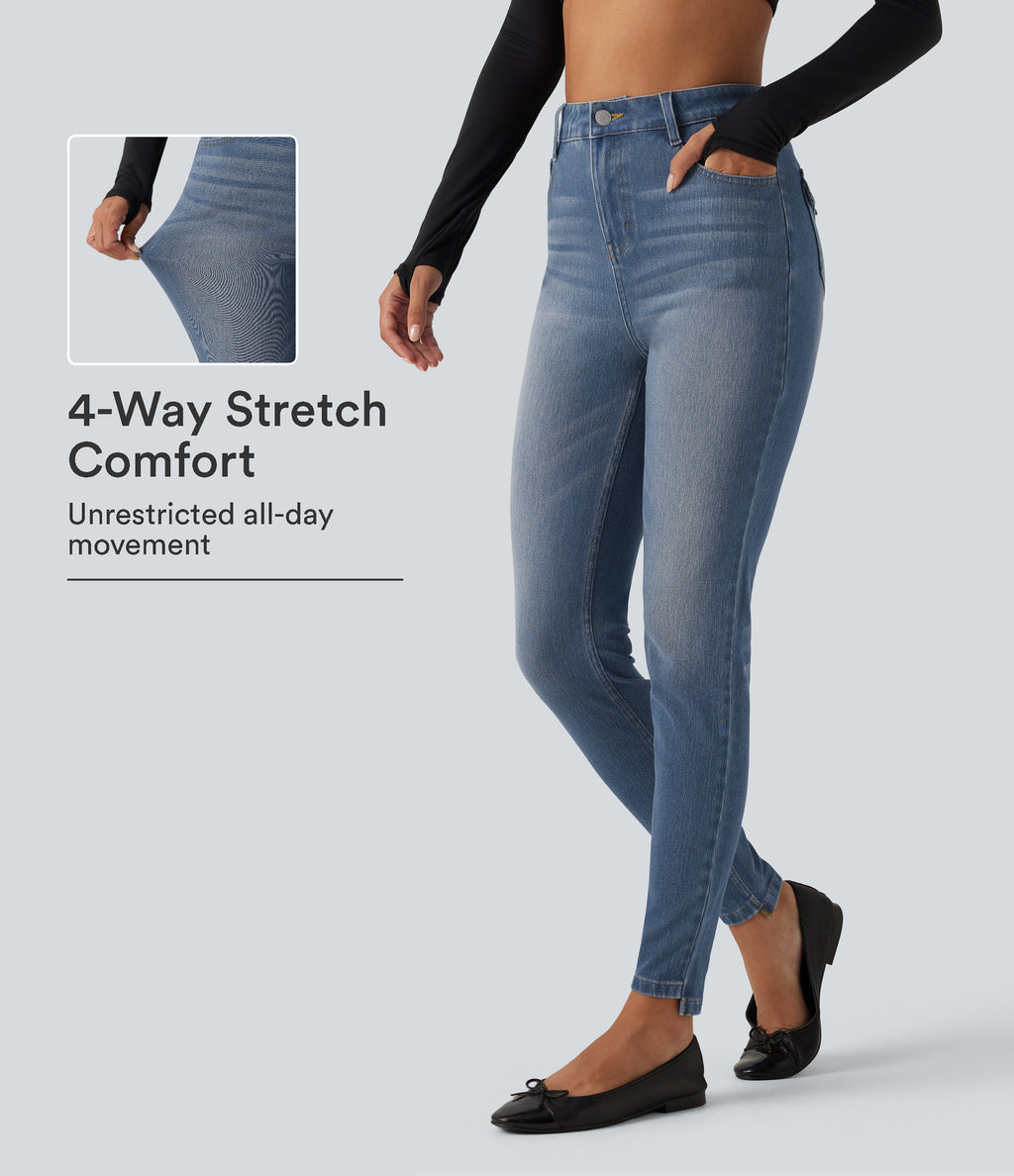 High Waisted Casual Skinny Jeans with Pockets — Coronet Blue Denim — view 1