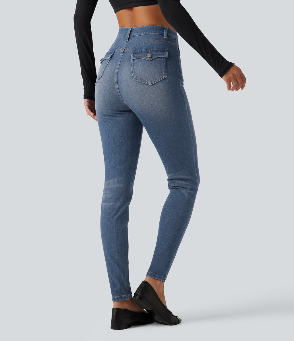 High Waisted Casual Skinny Jeans with Pockets — Coronet Blue Denim — view 2
