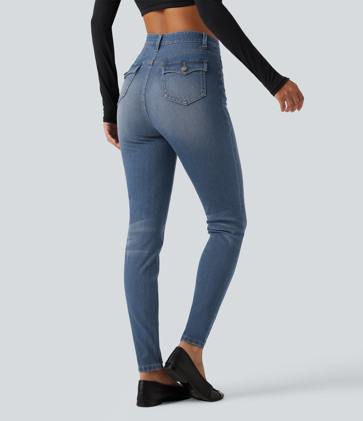 High Waisted Casual Skinny Jeans with Pockets — Coronet Blue Denim — view 2