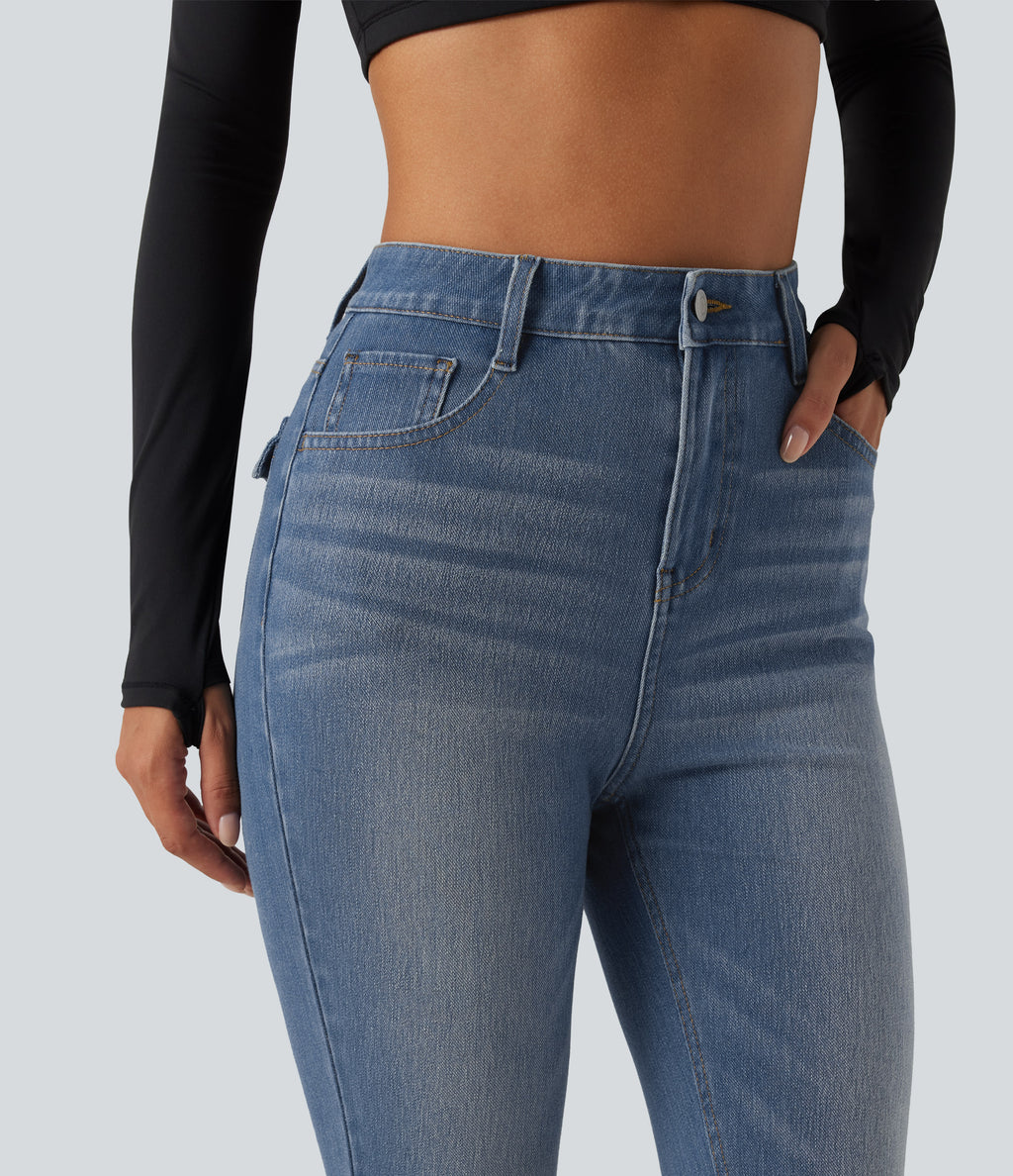 High Waisted Casual Skinny Jeans with Pockets — Coronet Blue Denim — view 5