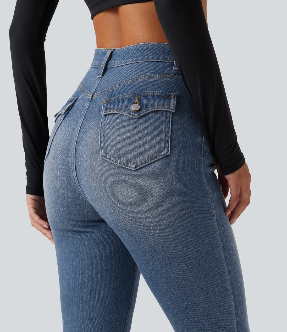 High Waisted Casual Skinny Jeans with Pockets — Coronet Blue Denim — view 4