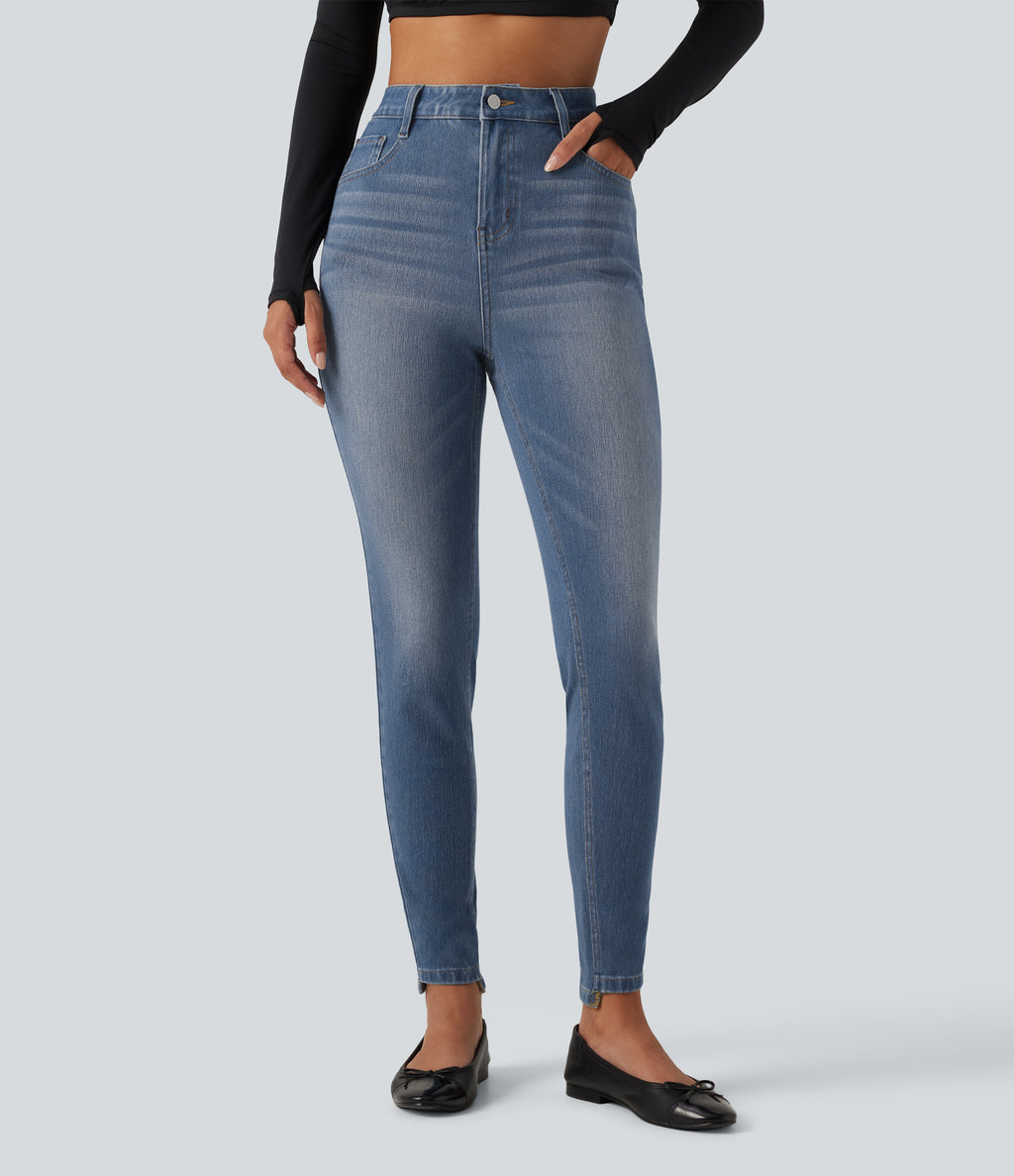 High Waisted Casual Skinny Jeans with Pockets — Coronet Blue Denim — view 3