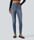 High Waisted Casual Skinny Jeans with Pockets — Coronet Blue Denim — view 3