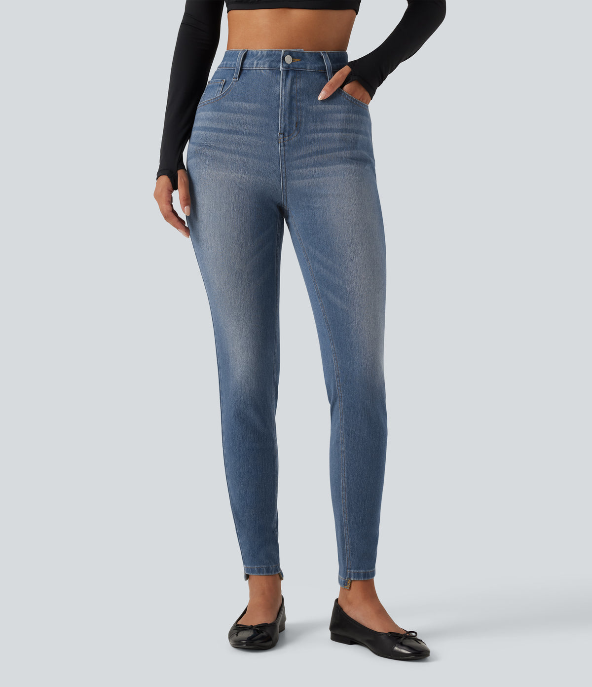 High Waisted Casual Skinny Jeans with Pockets — Coronet Blue Denim — view 3