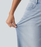 Mid Rise Asymmetric Wide Leg Casual Jeans with Pockets — Ice Water Denim — view 6