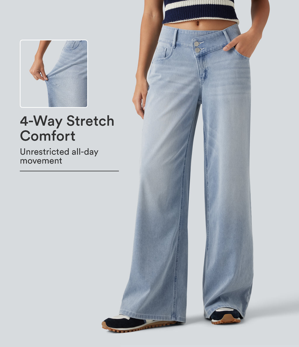 Mid Rise Asymmetric Wide Leg Casual Jeans with Pockets — Ice Water Denim — view 1