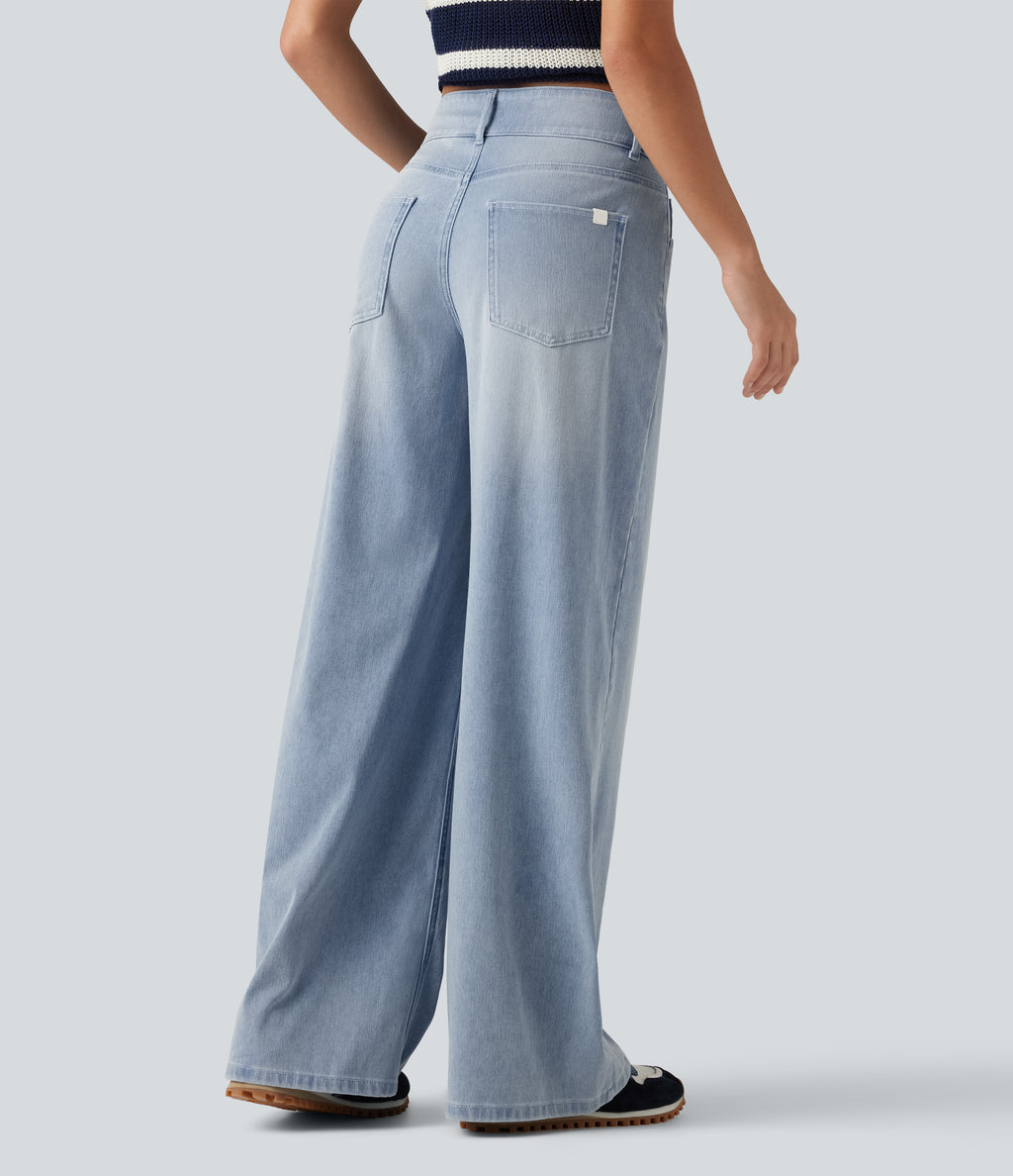 Mid Rise Asymmetric Wide Leg Casual Jeans with Pockets — Ice Water Denim — view 2