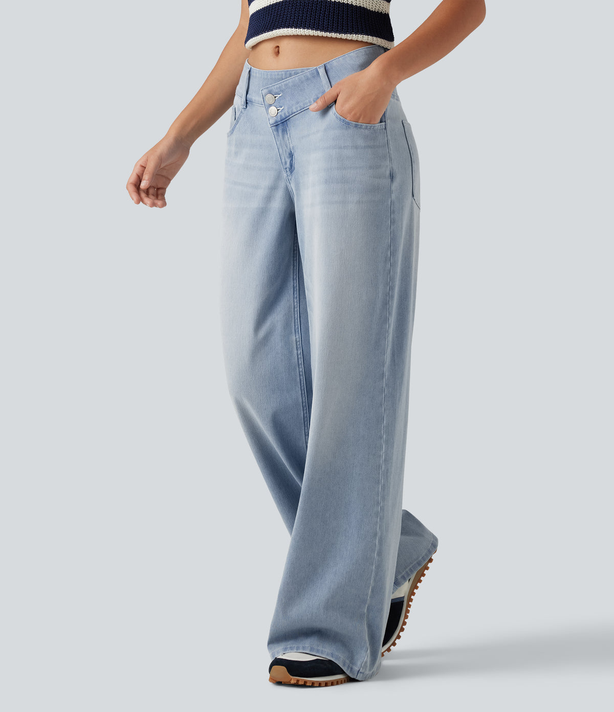 Mid Rise Asymmetric Wide Leg Casual Jeans with Pockets — Ice Water Denim — view 3
