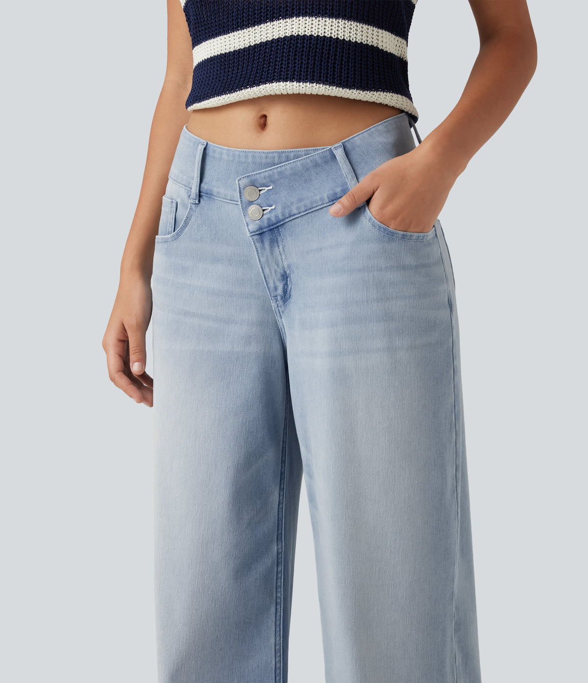 Mid Rise Asymmetric Wide Leg Casual Jeans with Pockets — Ice Water Denim — view 5