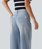 Mid Rise Asymmetric Wide Leg Casual Jeans with Pockets — Ice Water Denim — view 4
