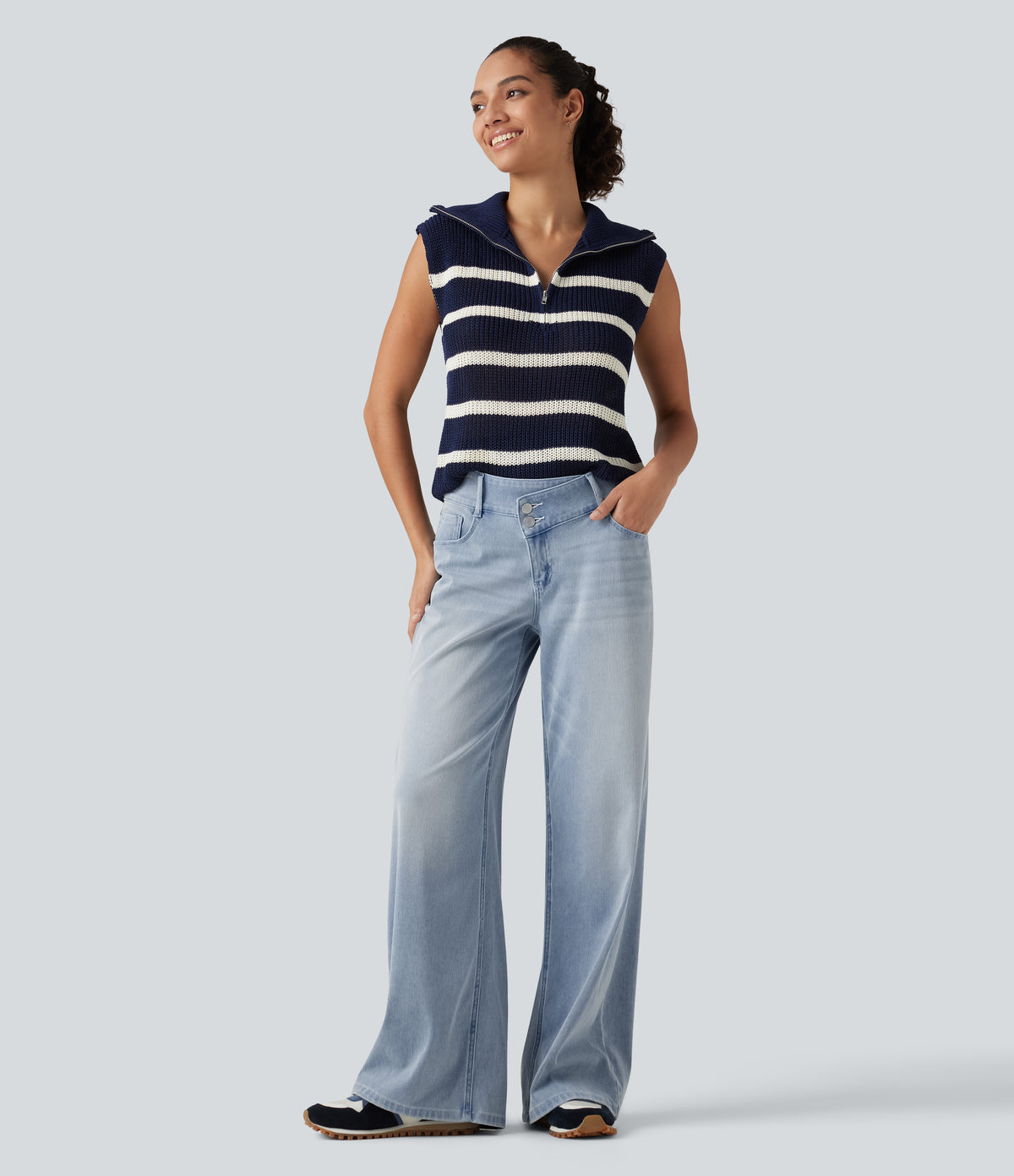 Mid Rise Asymmetric Wide Leg Casual Jeans with Pockets — Ice Water Denim — view 7