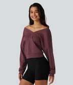 V Neck Long Sleeve Boxy Lounging Sweatshirt — New Maroon — view 3