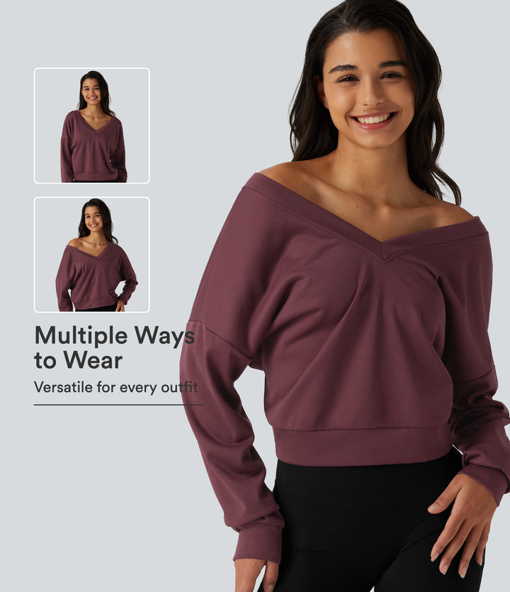 V Neck Long Sleeve Boxy Lounging Sweatshirt — New Maroon — view 1