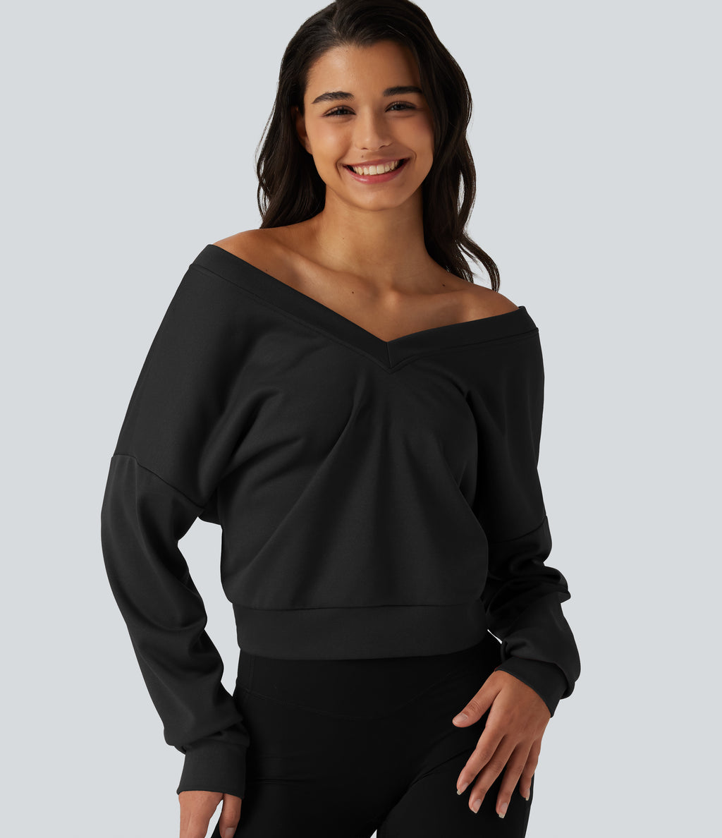 V Neck Long Sleeve Boxy Lounging Sweatshirt — Black — view 9