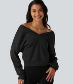 V Neck Long Sleeve Boxy Lounging Sweatshirt — Black — view 9