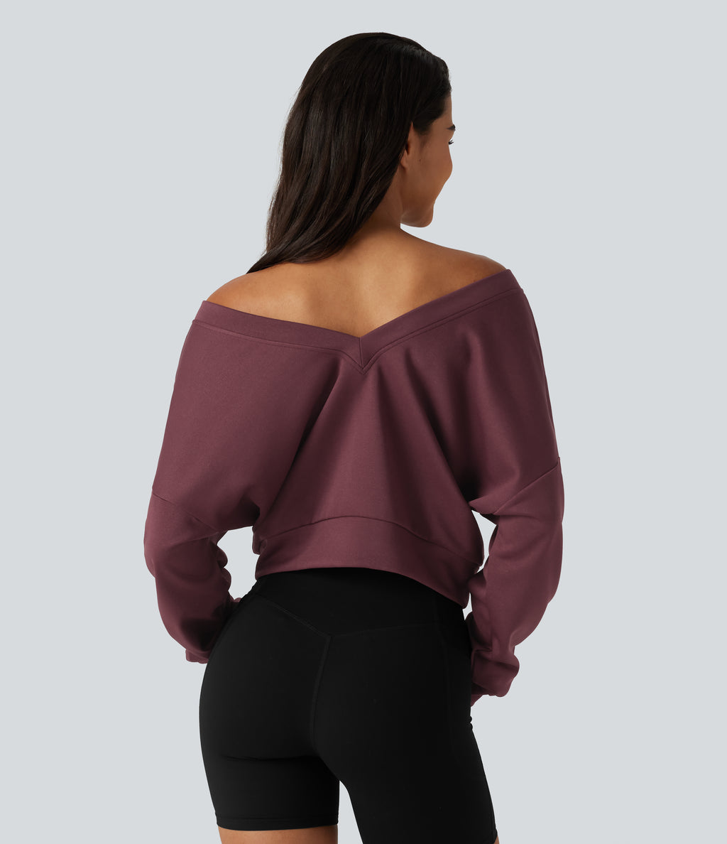 V Neck Long Sleeve Boxy Lounging Sweatshirt — New Maroon — view 2