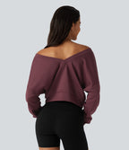 V Neck Long Sleeve Boxy Lounging Sweatshirt — New Maroon — view 2