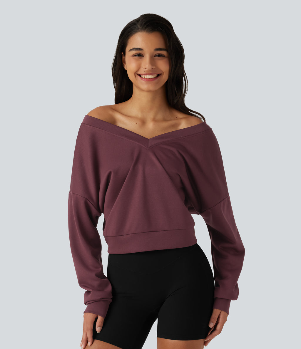 V Neck Long Sleeve Boxy Lounging Sweatshirt — New Maroon — view 4