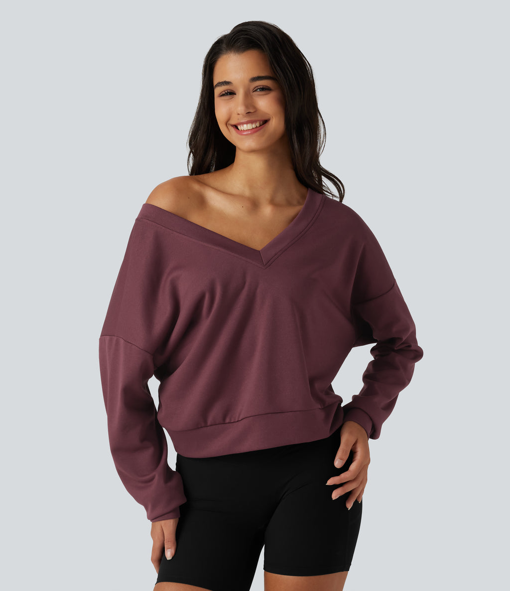 V Neck Long Sleeve Boxy Lounging Sweatshirt — New Maroon — view 6