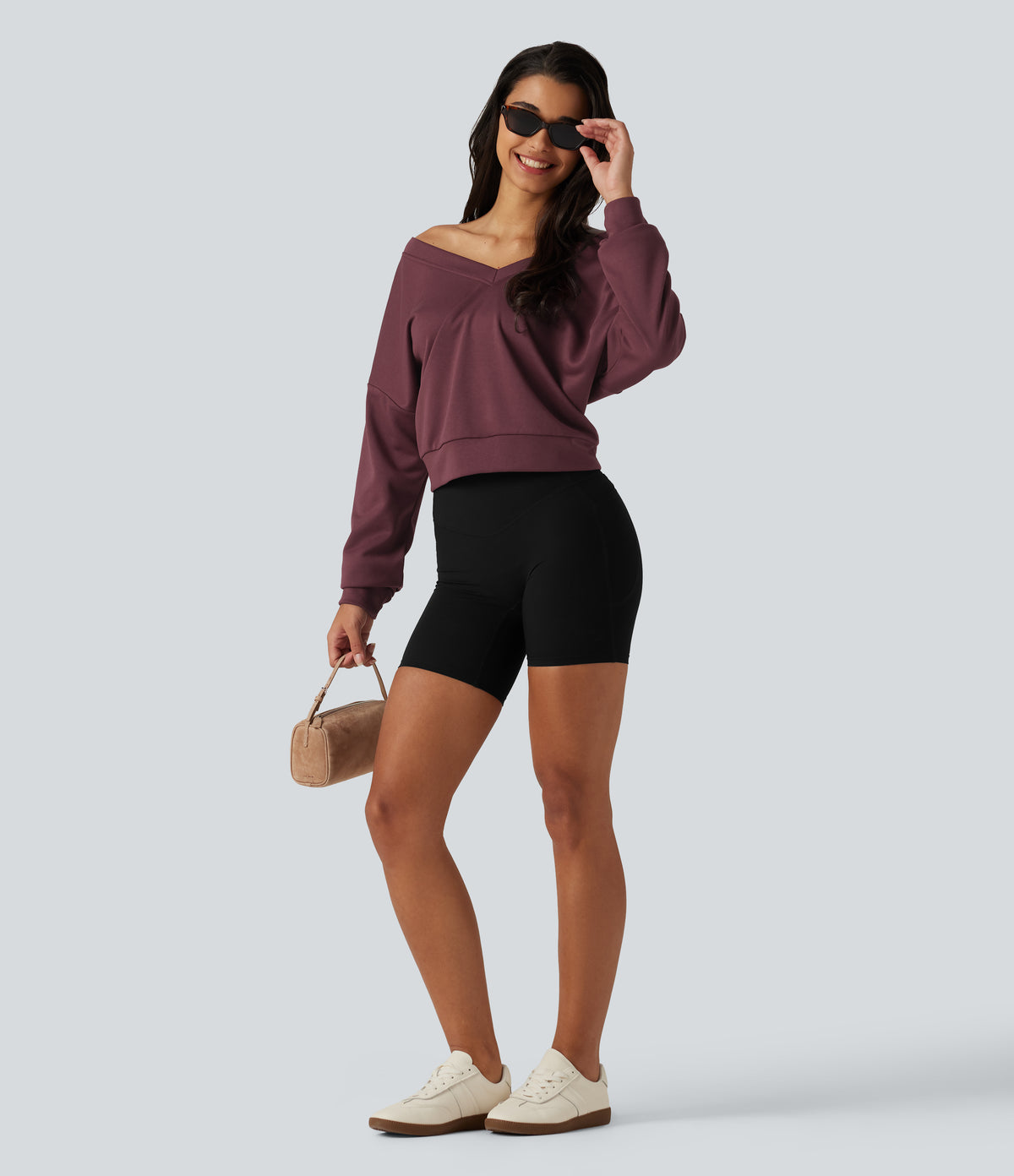 V Neck Long Sleeve Boxy Lounging Sweatshirt — New Maroon — view 8