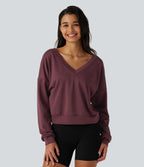 V Neck Long Sleeve Boxy Lounging Sweatshirt — New Maroon — view 5