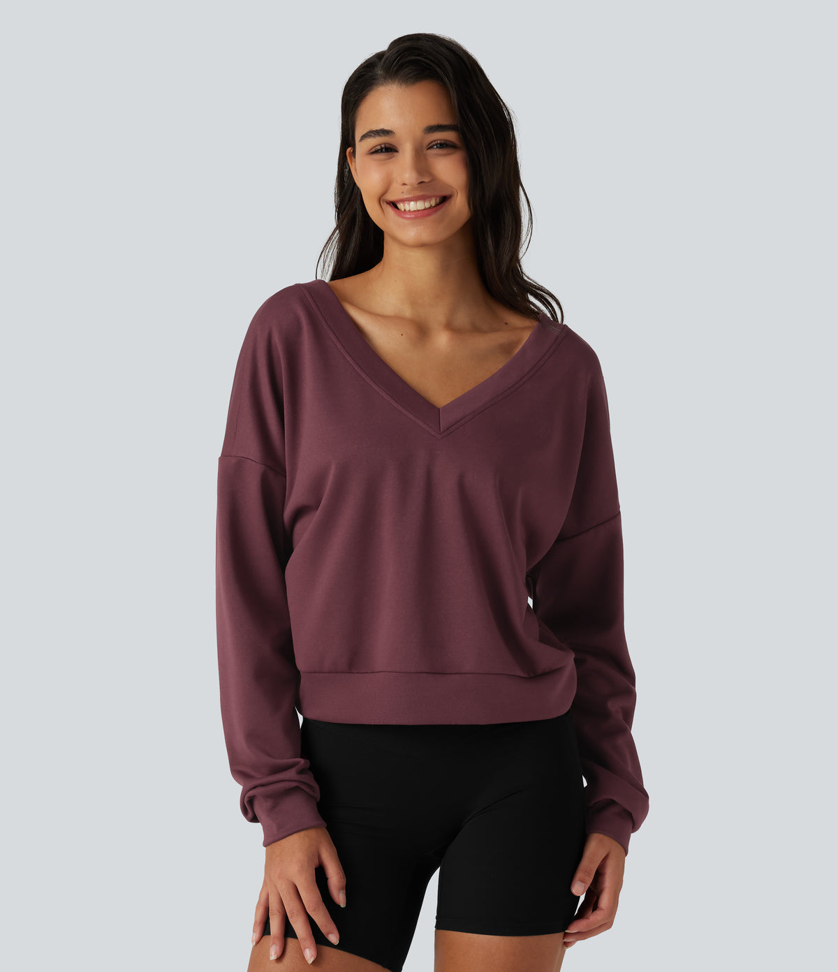 V Neck Long Sleeve Boxy Lounging Sweatshirt — New Maroon — view 5