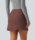 High Waisted 2-in-1 A Line Mini Casual Skirt with Pockets — Brown Stone — view 2