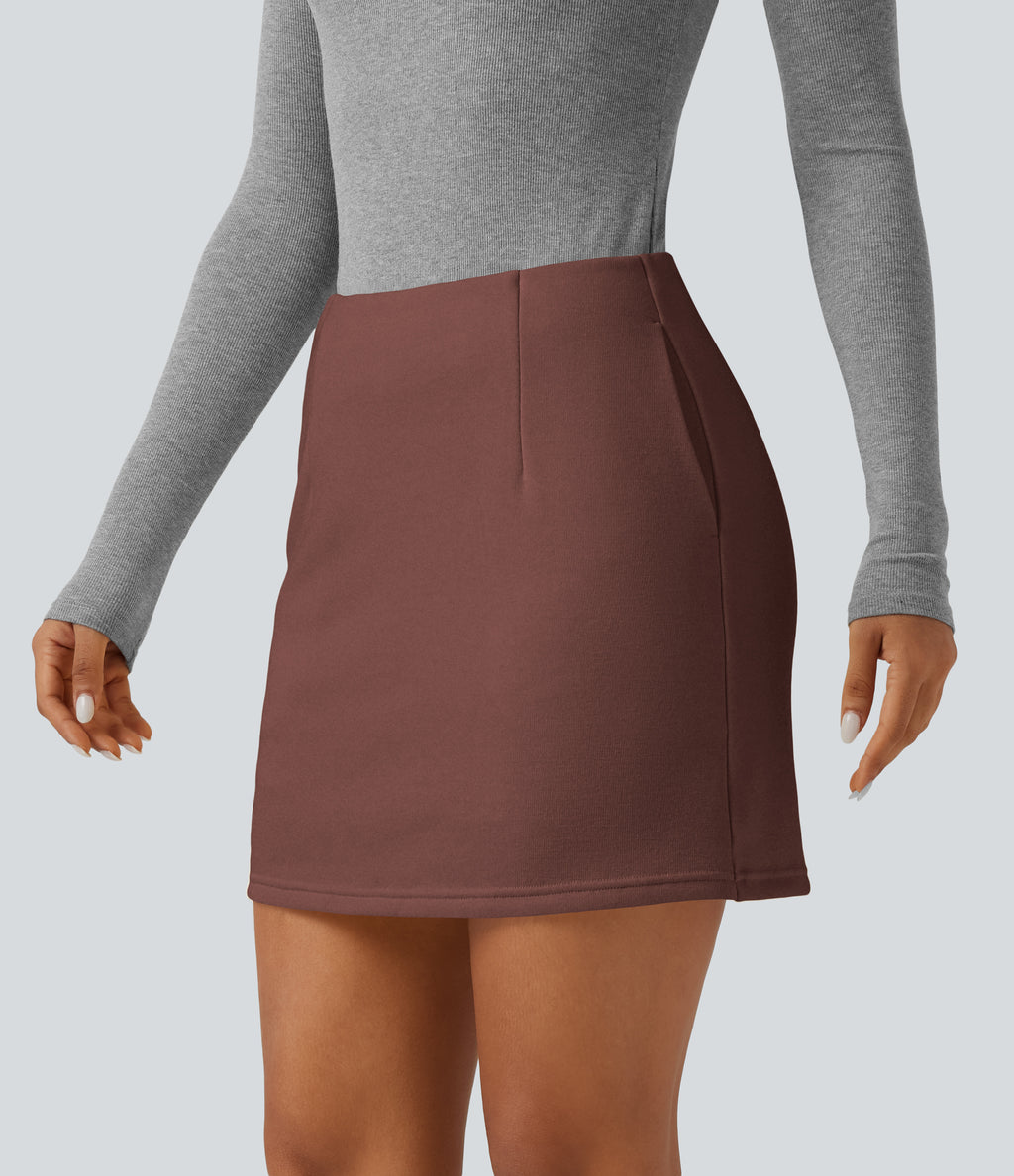 High Waisted 2-in-1 A Line Mini Casual Skirt with Pockets — Brown Stone — view 3