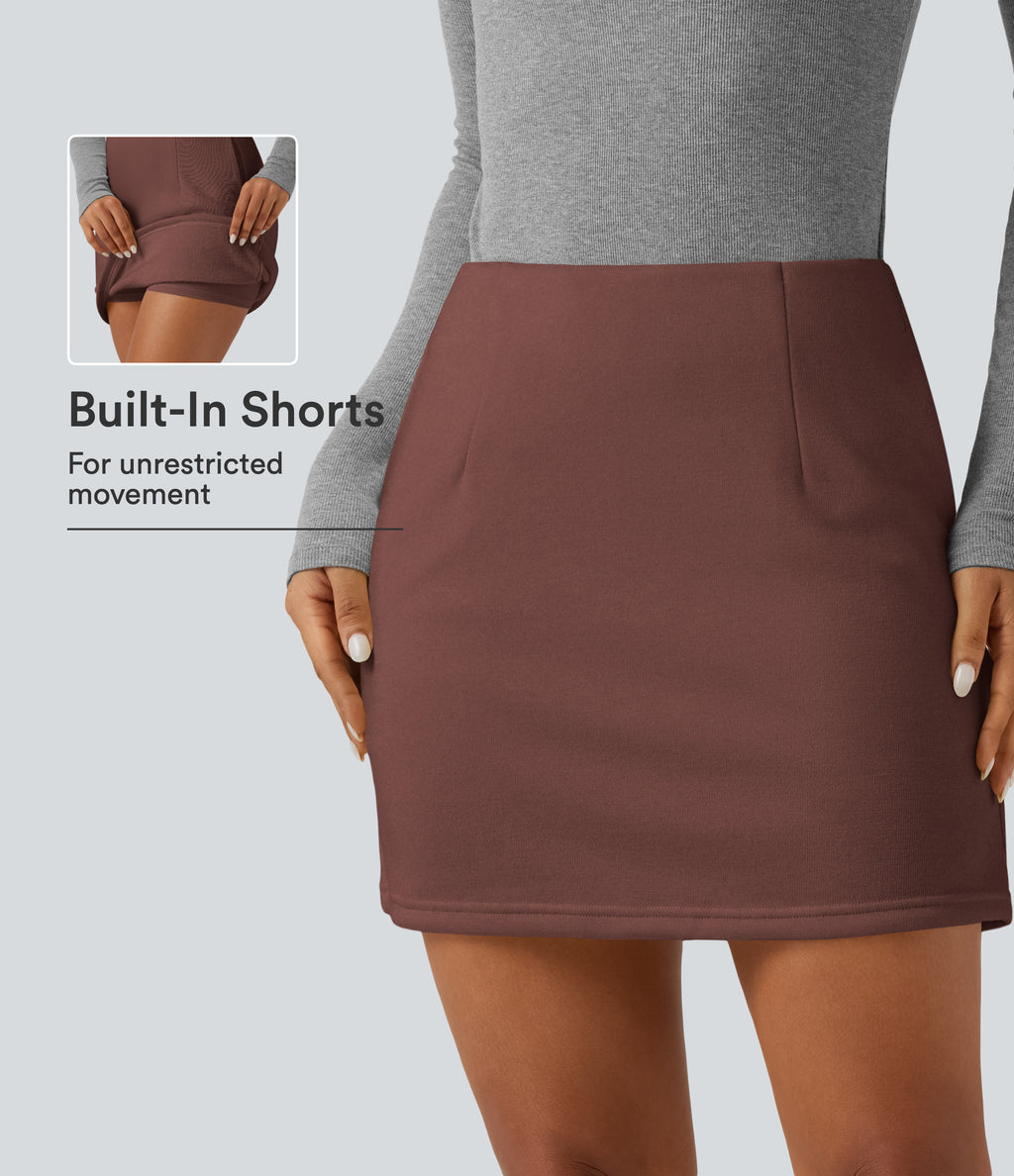 High Waisted 2-in-1 A Line Mini Casual Skirt with Pockets — Brown Stone — view 1