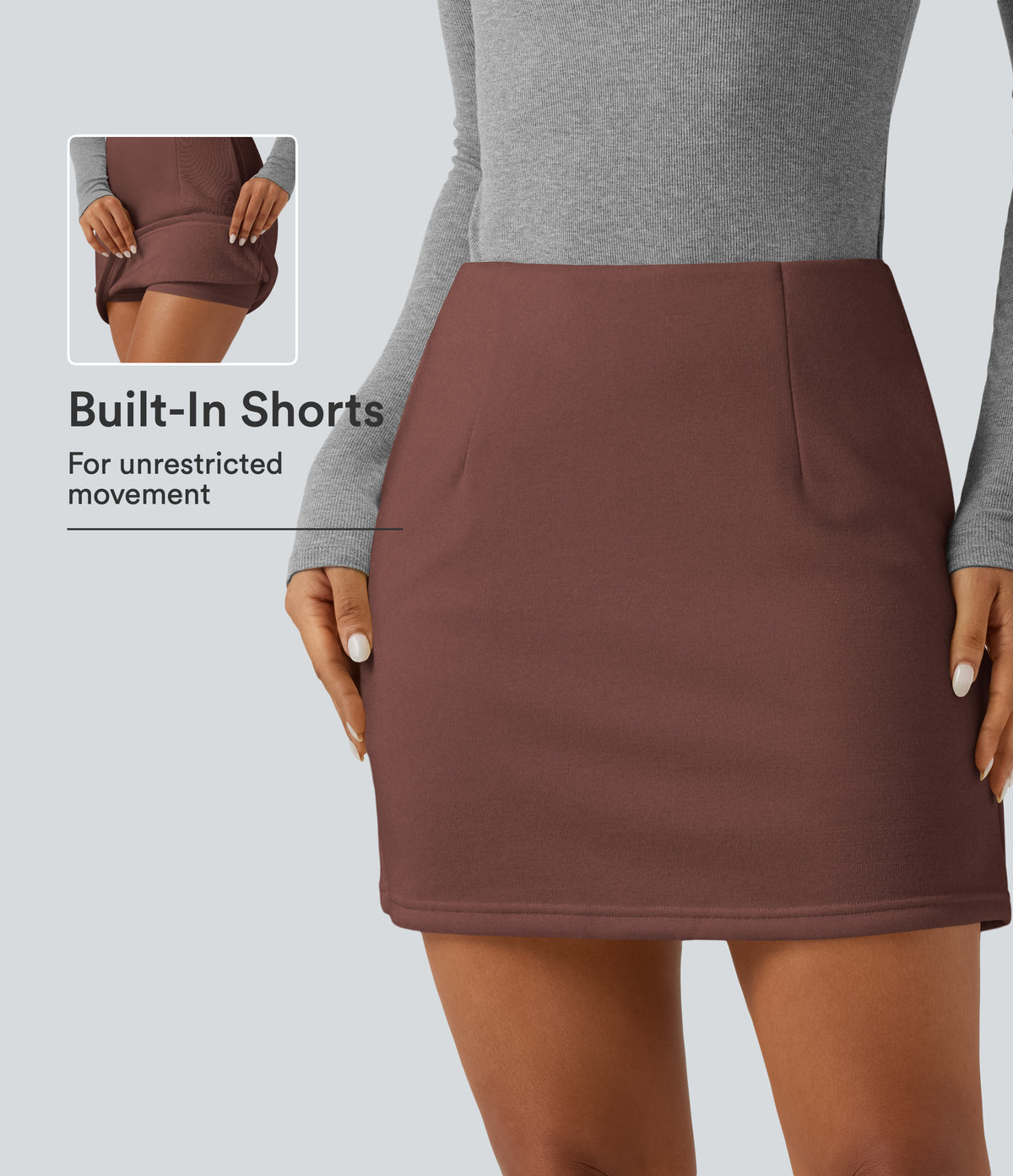 High Waisted 2-in-1 A Line Mini Casual Skirt with Pockets — Brown Stone — view 1