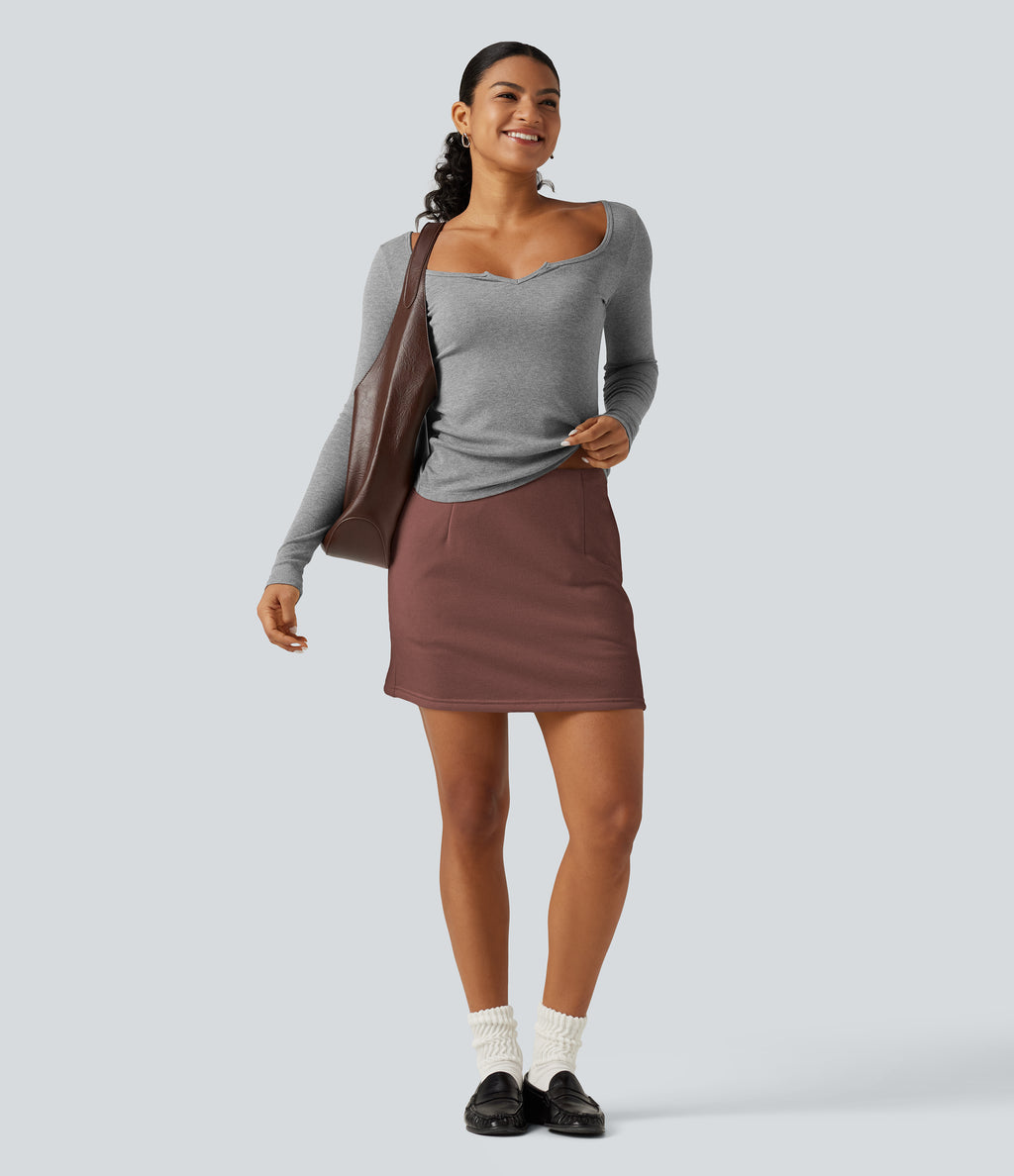 High Waisted 2-in-1 A Line Mini Casual Skirt with Pockets — Brown Stone — view 7
