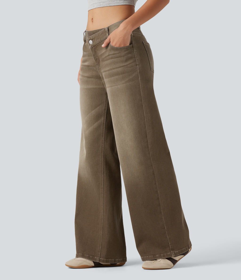 Low Rise Asymmetric Wide Leg Colorful Casual Jeans with Pockets — Rich Earth Brown — view 3