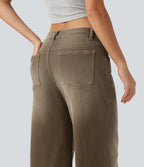 Low Rise Asymmetric Wide Leg Colorful Casual Jeans with Pockets — Rich Earth Brown — view 6