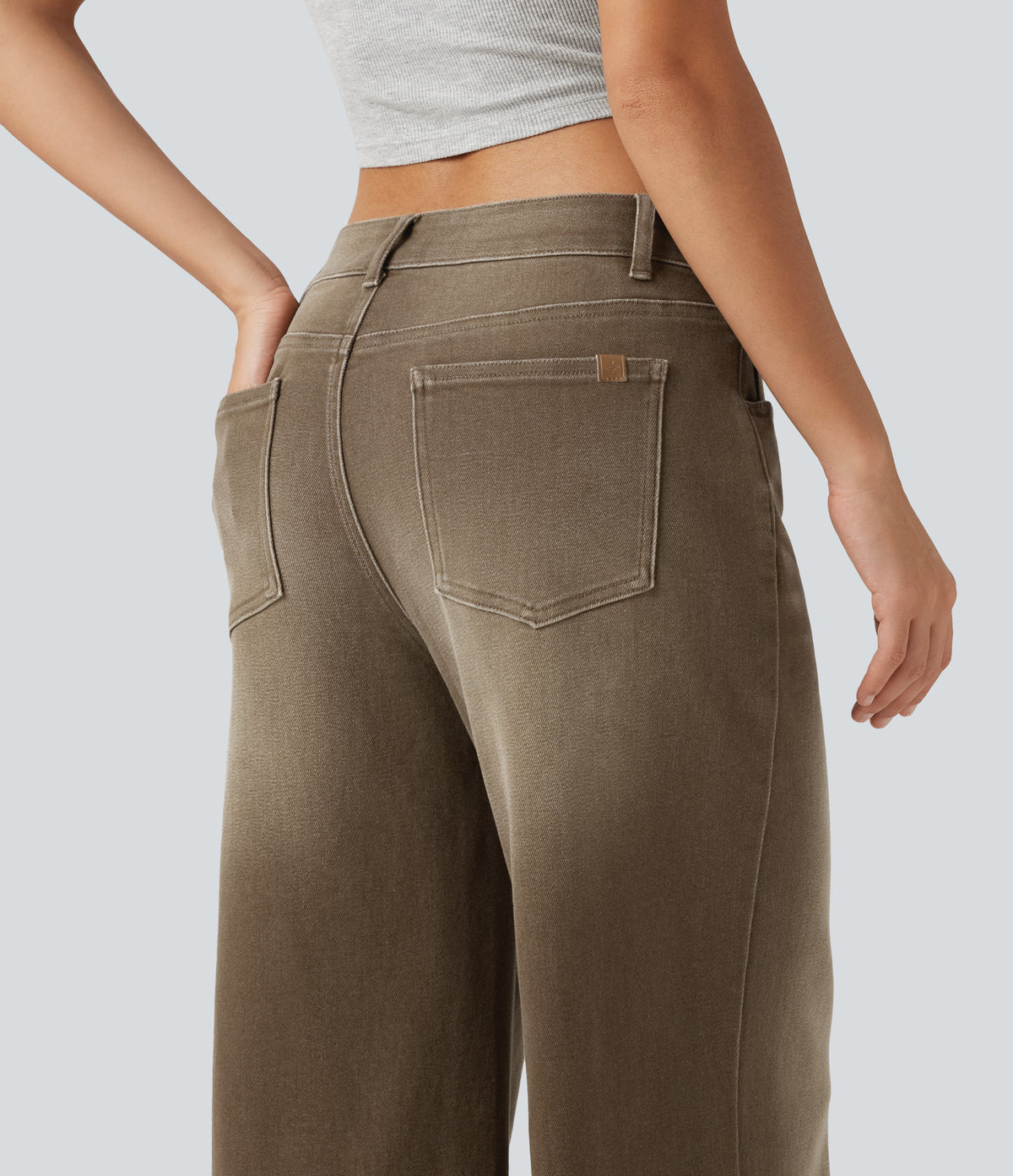 Low Rise Asymmetric Wide Leg Colorful Casual Jeans with Pockets — Rich Earth Brown — view 6