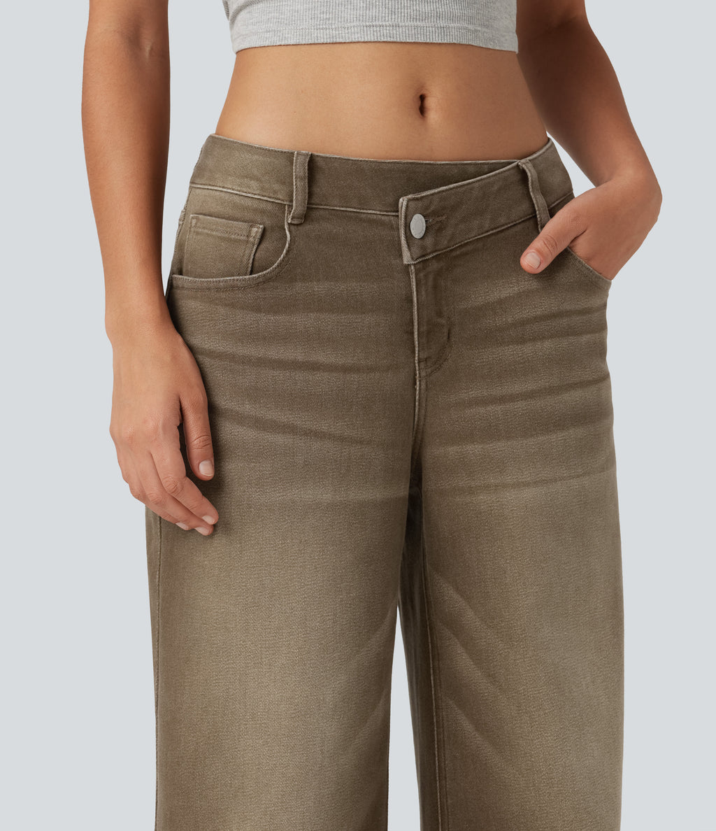 Low Rise Asymmetric Wide Leg Colorful Casual Jeans with Pockets — Rich Earth Brown — view 5
