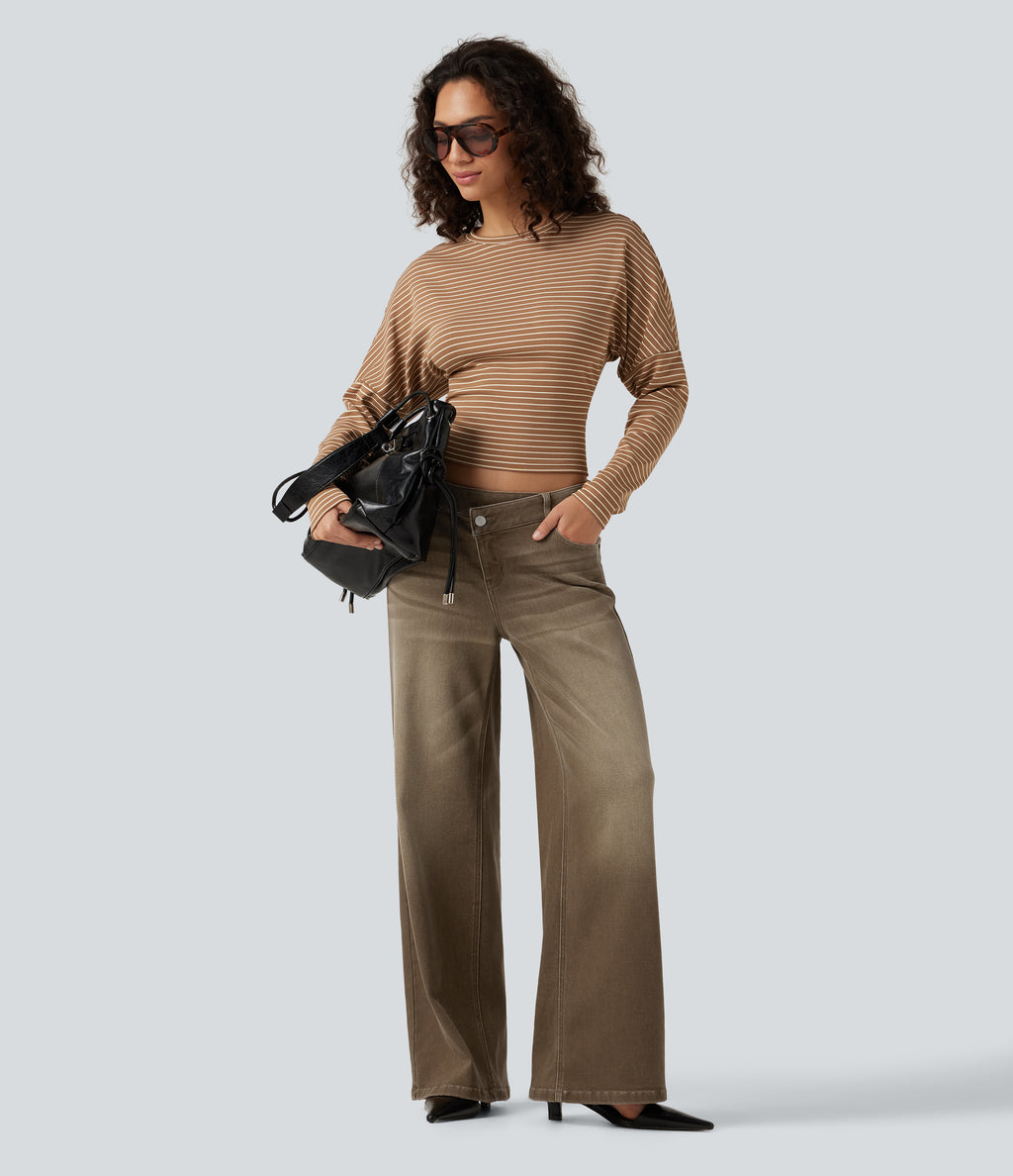 Low Rise Asymmetric Wide Leg Colorful Casual Jeans with Pockets — Rich Earth Brown — view 4