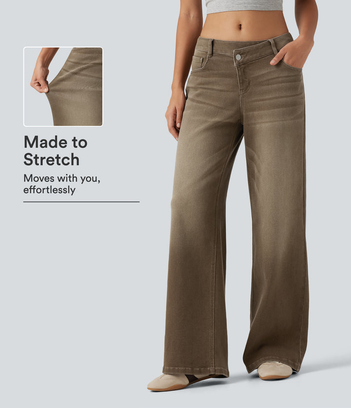 Low Rise Asymmetric Wide Leg Colorful Casual Jeans with Pockets — Rich Earth Brown — view 1