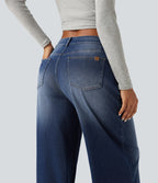 Mid Rise Baggy Casual Jeans with Pockets — Estate Blue Denim — view 6