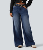 Mid Rise Baggy Casual Jeans with Pockets — Estate Blue Denim — view 4
