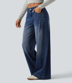 Mid Rise Baggy Casual Jeans with Pockets — Estate Blue Denim — view 3