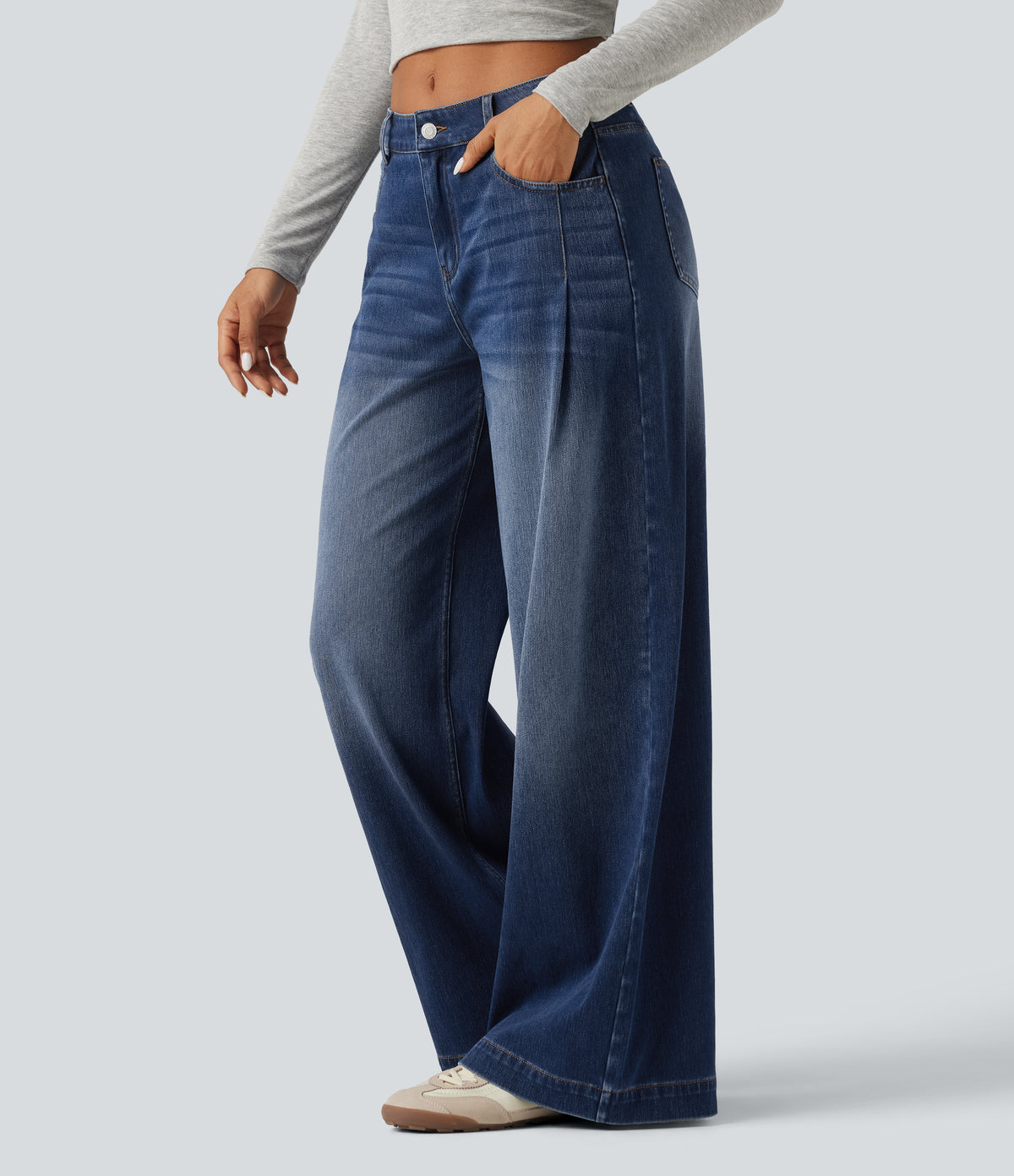 Mid Rise Baggy Casual Jeans with Pockets — Estate Blue Denim — view 3