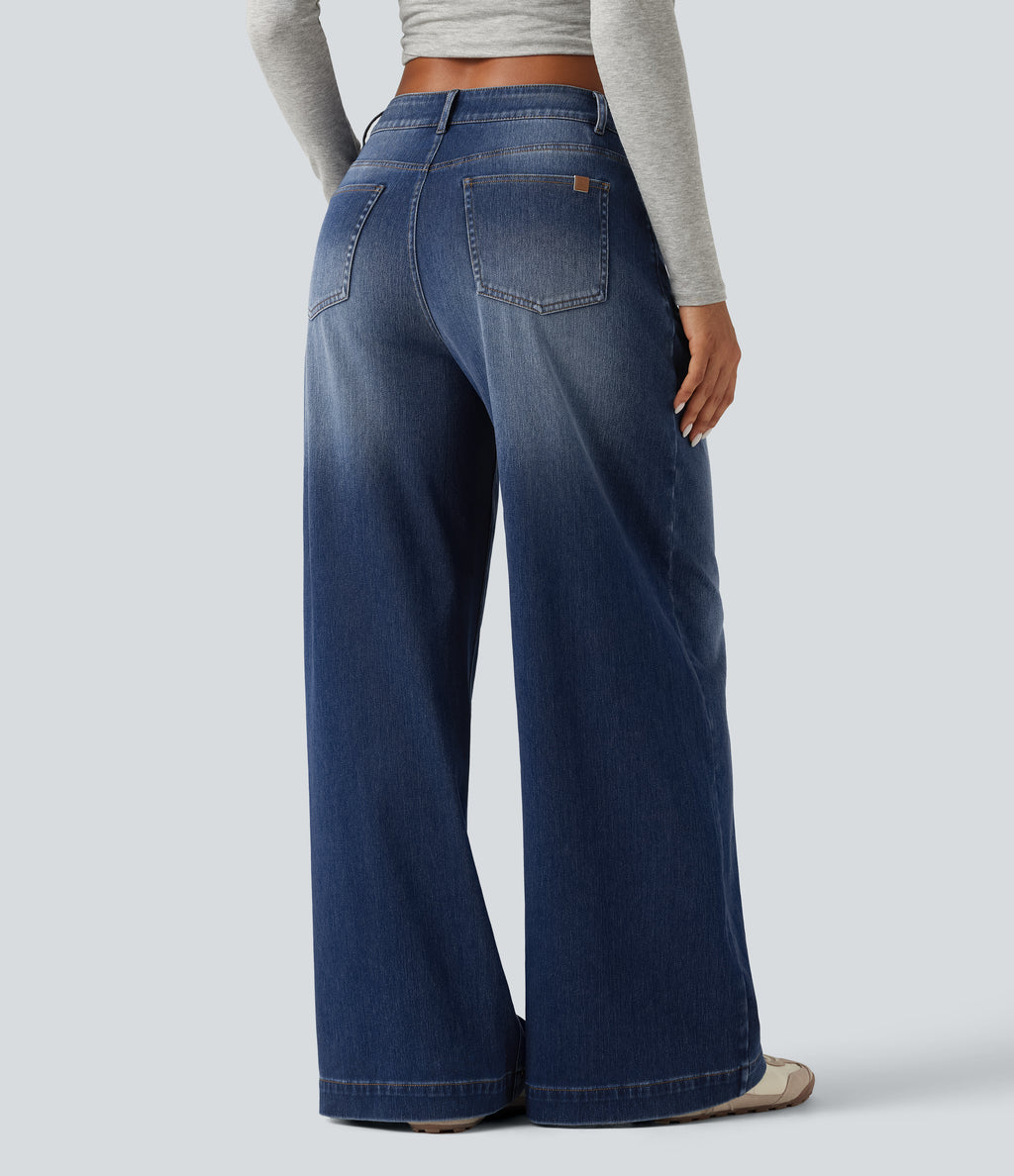 Mid Rise Baggy Casual Jeans with Pockets — Estate Blue Denim — view 2