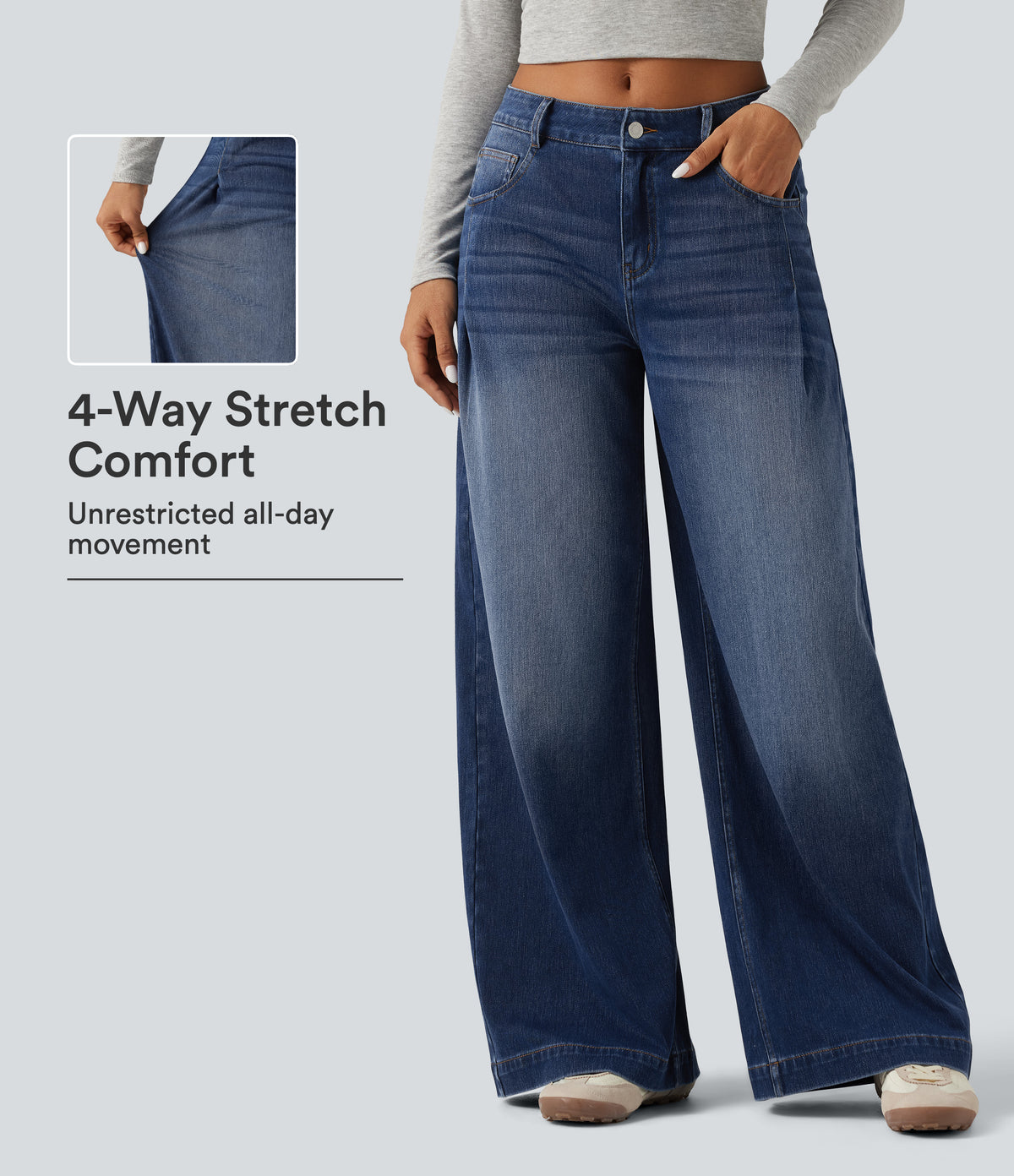 Mid Rise Baggy Casual Jeans with Pockets — Estate Blue Denim — view 1