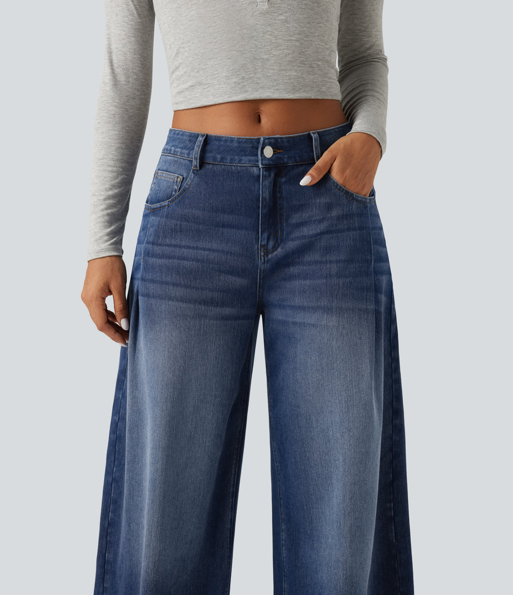 Mid Rise Baggy Casual Jeans with Pockets — Estate Blue Denim — view 5