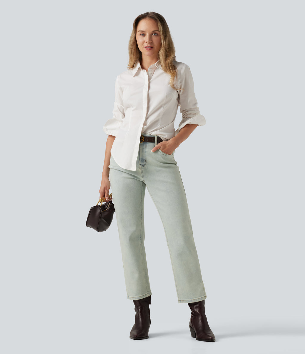 Mid Rise Straight Leg Casual Jeans with Pockets — Sunset Blue Denim — view 8