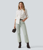 Mid Rise Straight Leg Casual Jeans with Pockets — Sunset Blue Denim — view 8