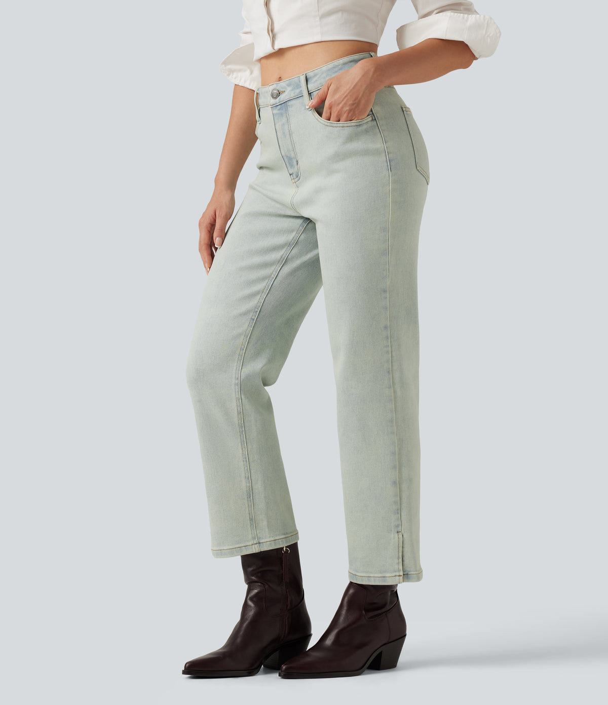 Mid Rise Straight Leg Casual Jeans with Pockets — Sunset Blue Denim — view 3