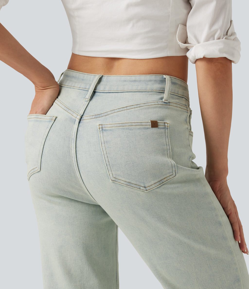 Mid Rise Straight Leg Casual Jeans with Pockets — Sunset Blue Denim — view 6