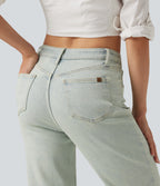 Mid Rise Straight Leg Casual Jeans with Pockets — Sunset Blue Denim — view 6